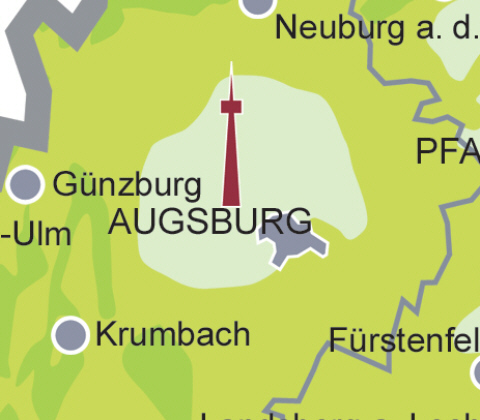 Versorgungsgebiet DVB-T in der Region Augsburg (Quelle: Projektbro DVB-T Bayern)