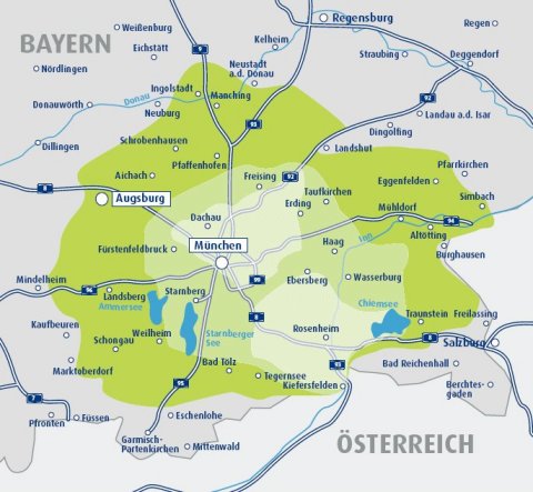 Versorgungsgebiet DVB-T München und Südbayern (Quelle: Projektbüro DVB-T Bayern)