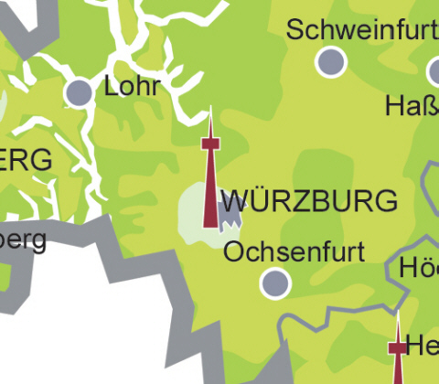 Versorgungsgebiet DVB-T in der Region Wrzburg (Quelle: Projektbro DVB-T Bayern)