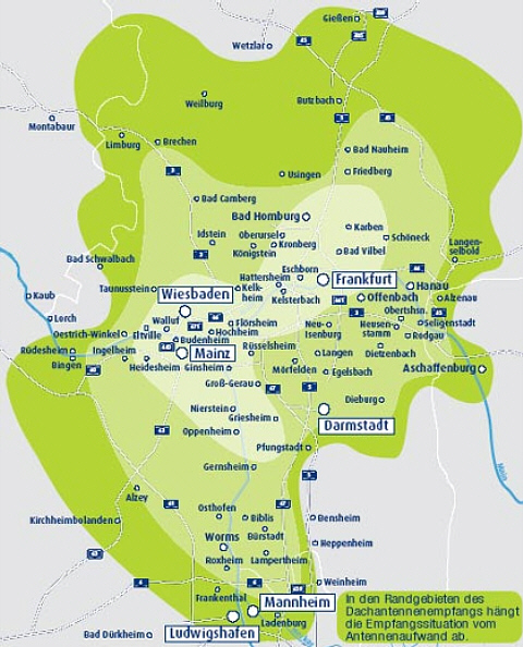 Versorgungsgebiet DVB-T Rhein-Main-Gebiet (Quelle: Projektbro DVB-T Hessen / hr - Hessischer Rundfunk Deutschland)