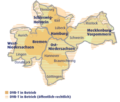 Empfangsgebiet DVB-T Norddeutschland (schematische Darstellung)